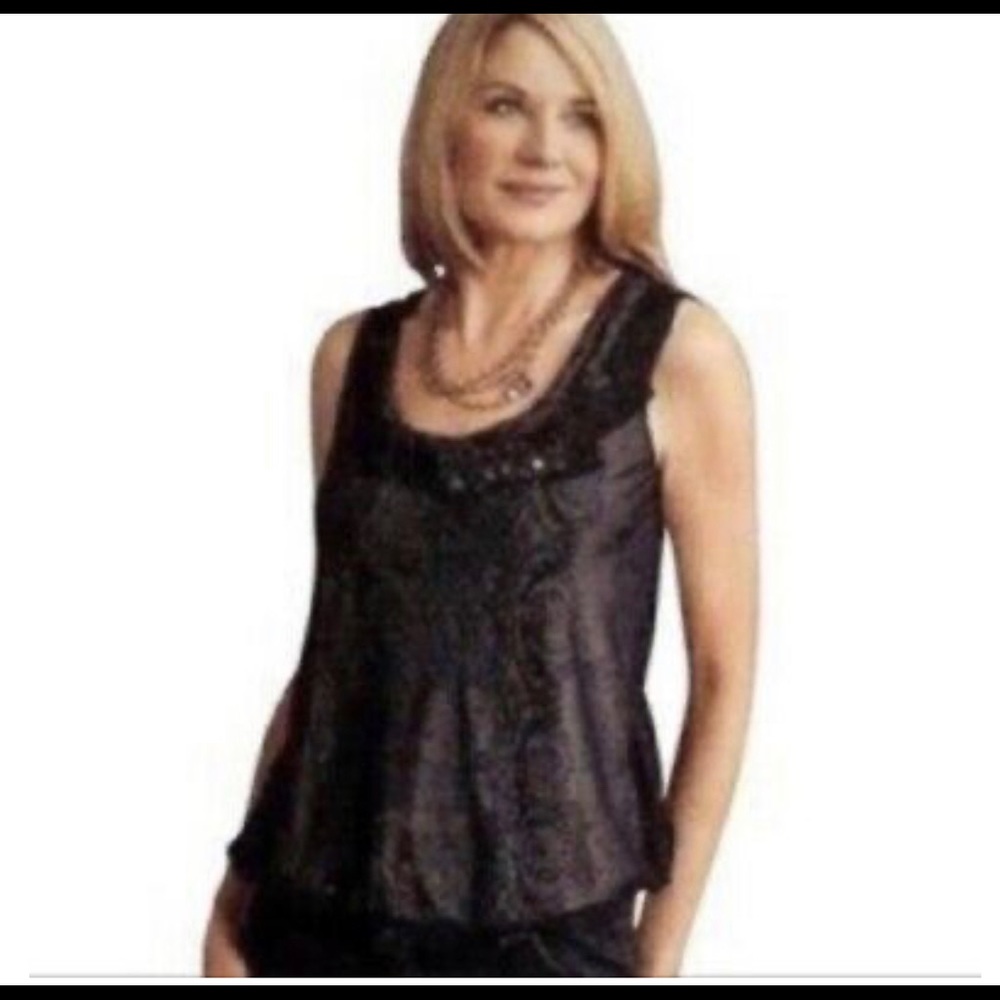 CAbi black Jewel Sheer Overlay Print Bubble Tank